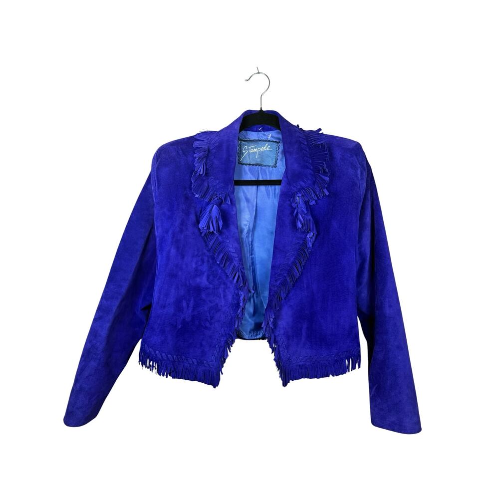 Rare Vintage Stampede Royal Blue Fringe Leather Jacket Women’s Small Western - Picture 3 of 8